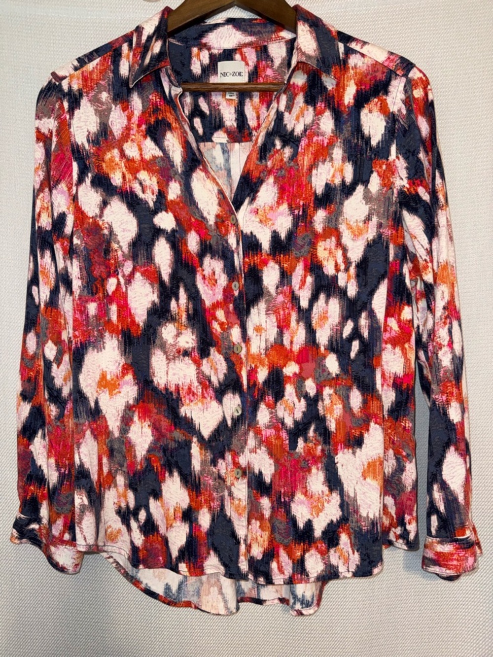 NIC+ZOE Multicolor Abstract Button-Down Shirt in Navy, Pink, Red and Orange